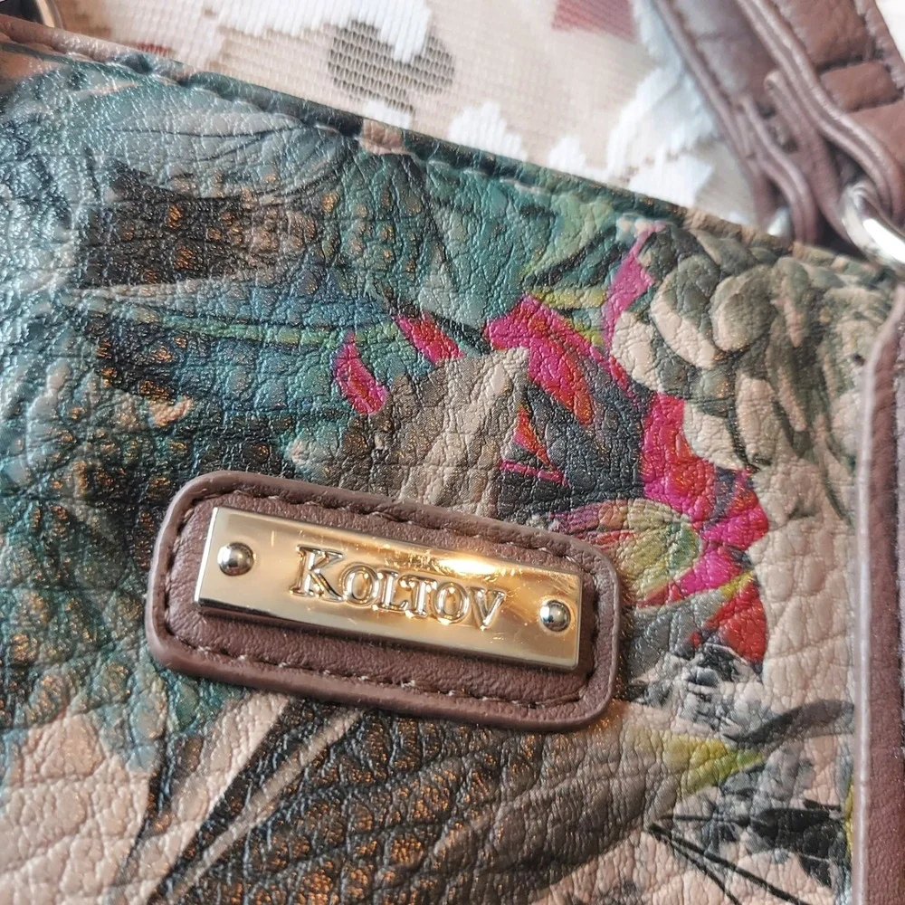 Koltov Floral Satchel Handbag Tan Brown Faux Leather Multi Pocket Bag Womens